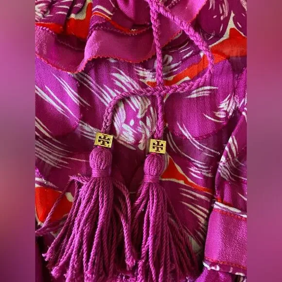 Tory Burch Sz 4 Gwenna Deep Pink Floral Keyhole Oval Ruffled front Tie front - Picture 8 of 14